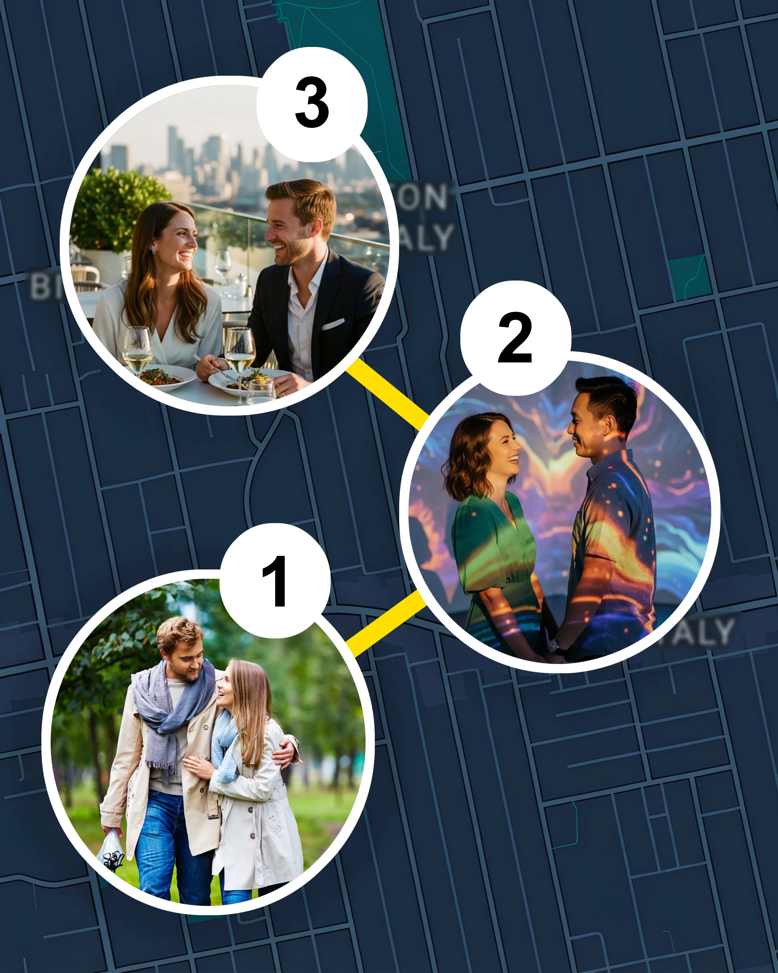 3-stop date route map with park walk, immersive experience, and rooftop dinner